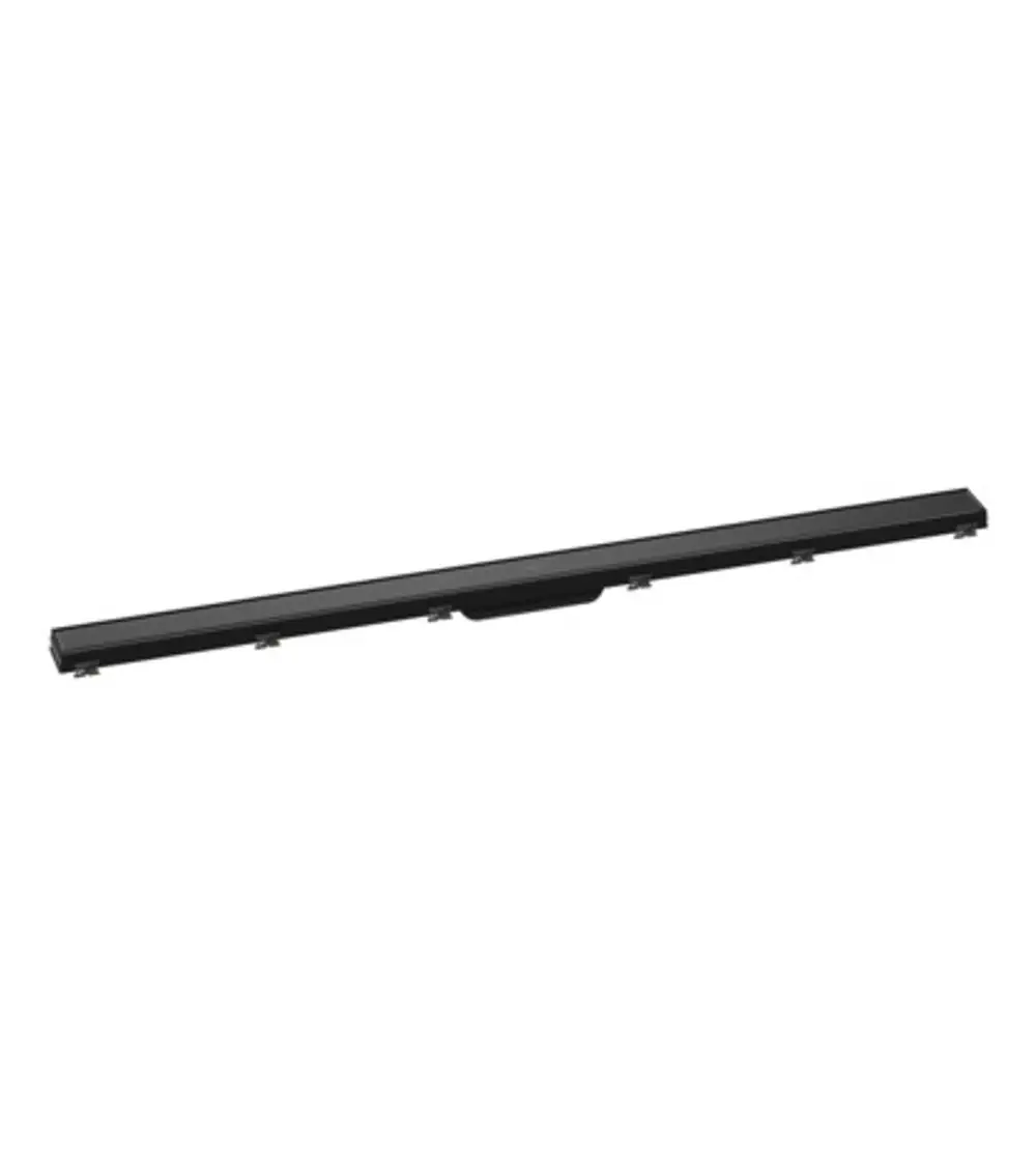 Schwarze Duschrinne von Hansgrohe mit einem flachen, geraden Design und einem höhenverstellbaren Rahmen. Ideal für die Integration in Nassräume.